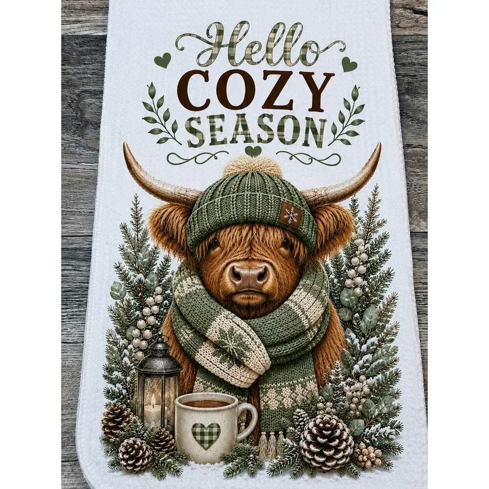 Highland Cow Winter Kitchen Towel Hello Cozy Season Farmhouse Decor